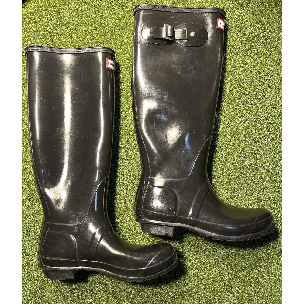 Hunter Original Tall Black Gloss Rubber Rain Boots Womens Wellington Size 8